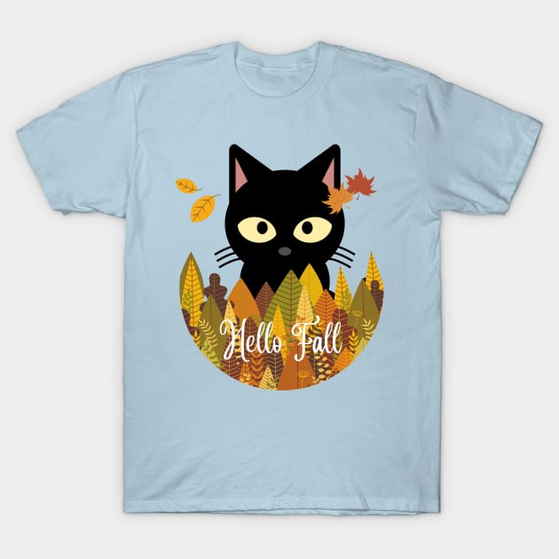 Hello fall Black Cat Autumn Fall Halloween Thanksgiving and Fall Color Lovers T-Shirt by BellaPixel
